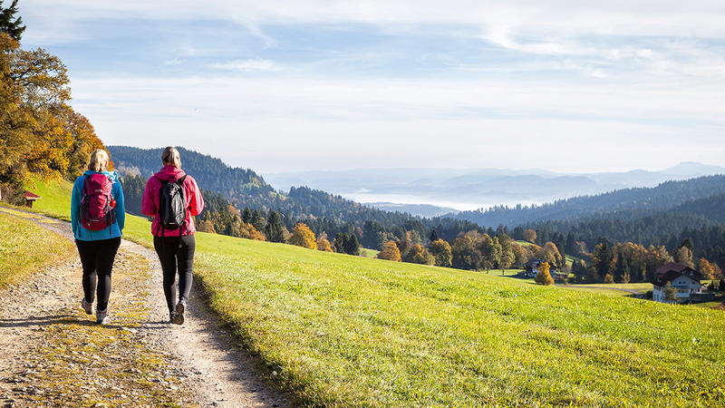 Zwei Wanderinnen auf einem sonnigen Schotterweg mit Weitblick über herbstlich bewaldete Hügel und Täler im Schwarzwald