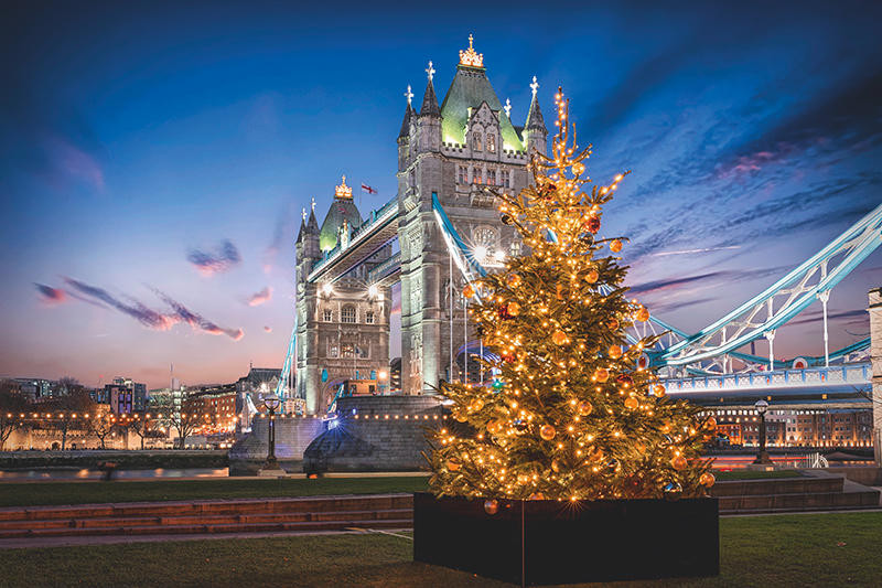 AdobeStock 308775169 Die Tower Bridge in London bei Nacht mit einem festlich beleuchtetem Weihnachtsbaum davor, Großbritannien Von moofushi web | LON18470